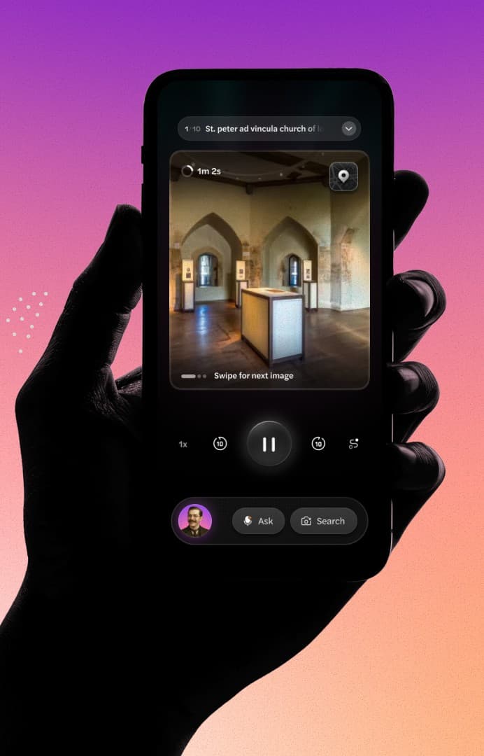 The Dex app on a phone, part-way through an AI-guided tour of the Tower of London