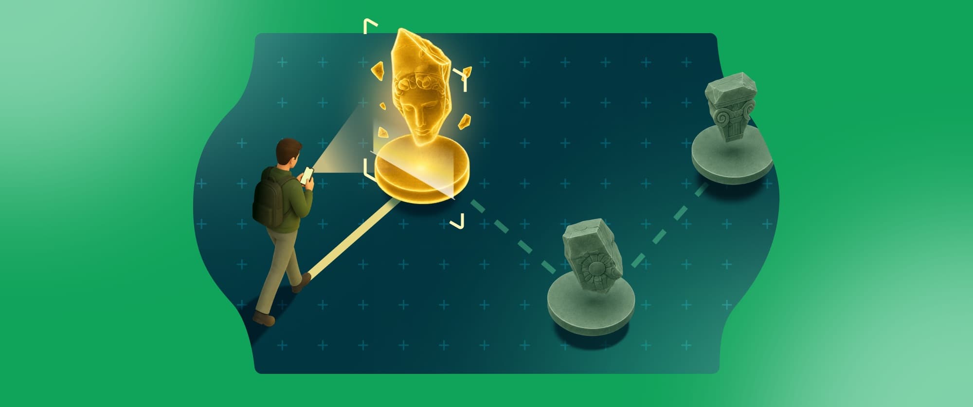 Relic Quest artwork: someone scanning a glowing relic with their phone