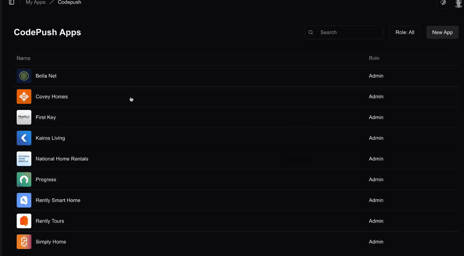 The OTA dashboard I built, listing the apps that receive updates through it